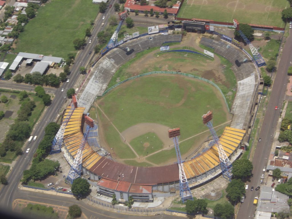 Aerial view of a baseball stadium at dusk